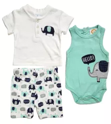Baby Bodysuit Starter Set, White,Green, Fashion Elephant Embroidery and Print