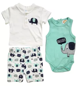 Baby Bodysuit Starter Set, White,Green, Fashion Elephant Embroidery and Print