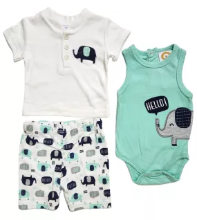 Baby Bodysuit Starter Set, White,Green, Fashion Elephant Embroidery and Print Baby Bodysuit Starter Set, White,Green, Fashion Elephant Embroidery and Print