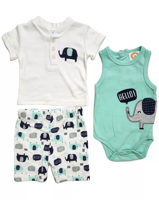 Baby Bodysuit Starter Set, White,Green, Fashion Elephant Embroidery and Print