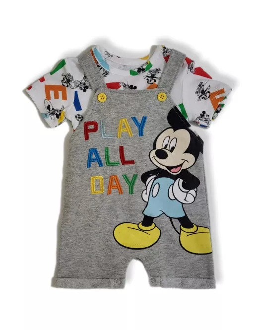 Baby Overalls/Dungarees Set, Grey, White - Fashion Mickey Mouse Print