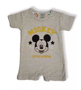 Baby Romper Short Sleeve Mixed Stripe, Yellow, White - Fashion Mickey Mouse Print
