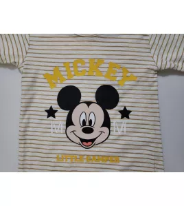 Baby Romper Short Sleeve Mixed Stripe, Yellow, White - Fashion Mickey Mouse Print