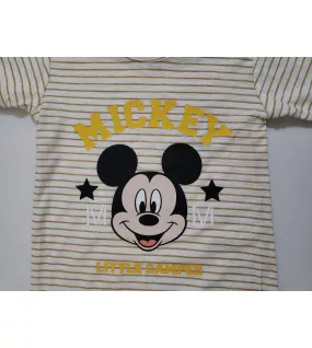 Baby Romper Short Sleeve Mixed Stripe, Yellow, White - Fashion Mickey Mouse Print
