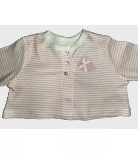 Baby Long Sleeve Crop Top Cardigan, Pink White Mixed Stripe, Fashion Rabbit Embroidery