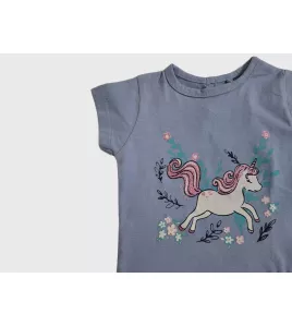 Baby Round Neck Short Sleeve T-Shirt, Sky Blue, Fashion Cartoon Print