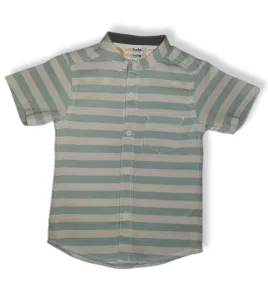 Short Sleeve , Mandarin Collar Mixed Stripe - Medium Green &amp; Cream White