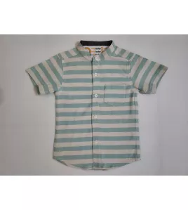 Short Sleeve , Mandarin Collar Mixed Stripe - Medium Green &amp; Cream White