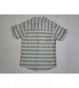 Short Sleeve , Mandarin Collar Mixed Stripe - Medium Green &amp; Cream White