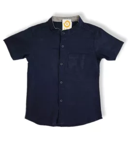 Short Sleeve , Mandarin Collar - Dark Blue