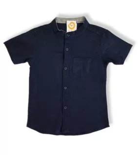 Short Sleeve , Mandarin Collar - Dark Blue