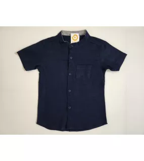 Short Sleeve , Mandarin Collar - Dark Blue