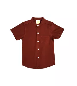 Short Sleeve , Mandarin Collar , Brick Red