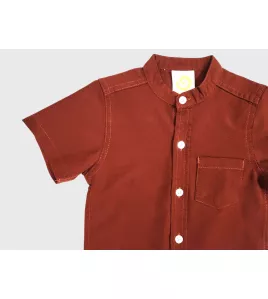 Short Sleeve , Mandarin Collar , Brick Red