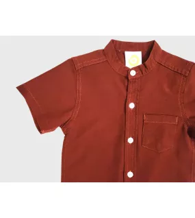 Short Sleeve , Mandarin Collar , Brick Red