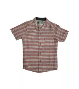 Short Sleeve , Mandarin Collar Mixed Stripe- Melon &amp; White