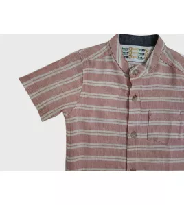 Short Sleeve , Mandarin Collar Mixed Stripe- Melon &amp; White