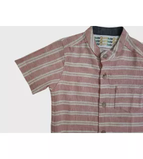 Short Sleeve , Mandarin Collar Mixed Stripe- Melon & White