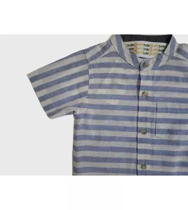 Short Sleeve , Mandarin Collar Mixed Stripe- Blue &amp; White