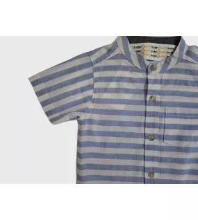 Short Sleeve , Mandarin Collar Mixed Stripe- Blue & White