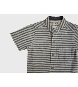 Short Sleeve , Mandarin Collar Mixed Stripe- Green &amp; White