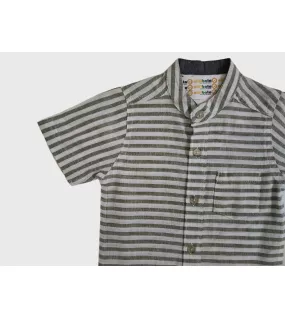 Short Sleeve , Mandarin Collar Mixed Stripe- Green & White