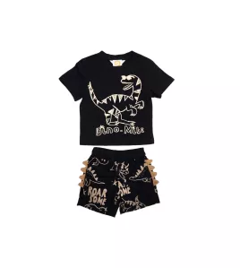 Round Neck T-Shirt + Short Pant Set, Black, Fashion Dino Print