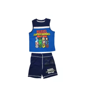 Sleeveless T-Shirt + Short Pant Set, Blue, Fashion Superhero Print