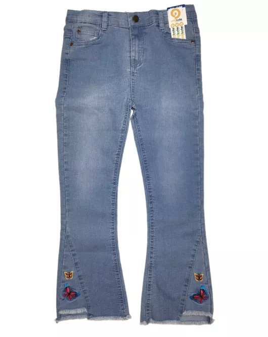 Jeans - Stretch Denim, Light Blue, Fringed Bottom, Butterfly Embroidery