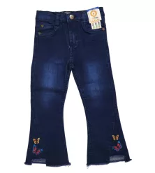 Jeans - Stretch Denim, Dark Blue, Fringed Bottom, Butterfly Embroidery
