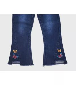 Jeans - Stretch Denim, Dark Blue, Fringed Bottom, Butterfly Embroidery Jeans - Stretch Denim, Dark Blue, Fringed Bottom, Butterfly Embroidery