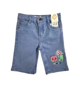 Short Pants - Stretch Denim, Light Blue - Fashion Cocomelon Embroidery